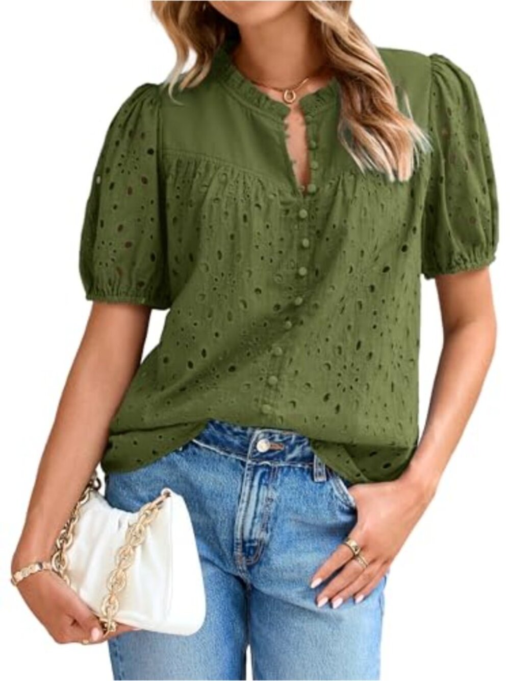 Cotton Eyelet Embroidered Puff Sleeve Button Blouse